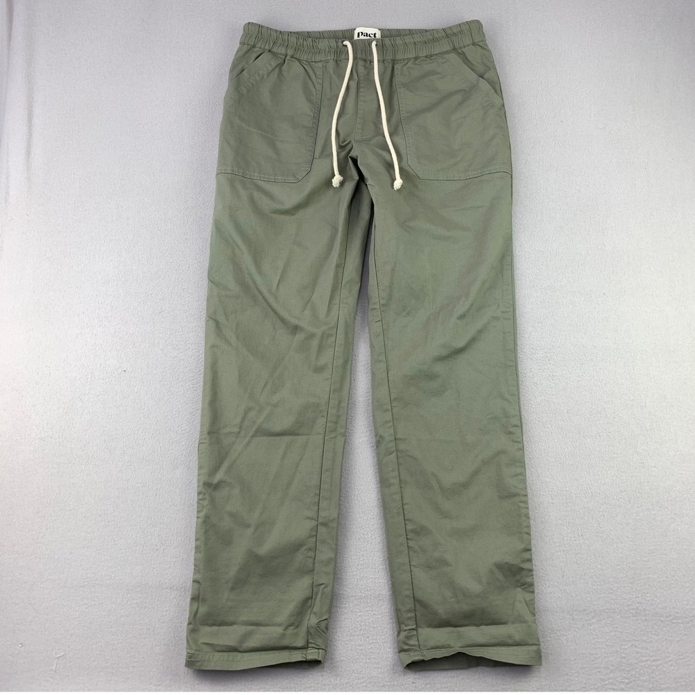 Pact Organic Chino Pants Mens Large Khaki Green Pull-On Drawstring Natural